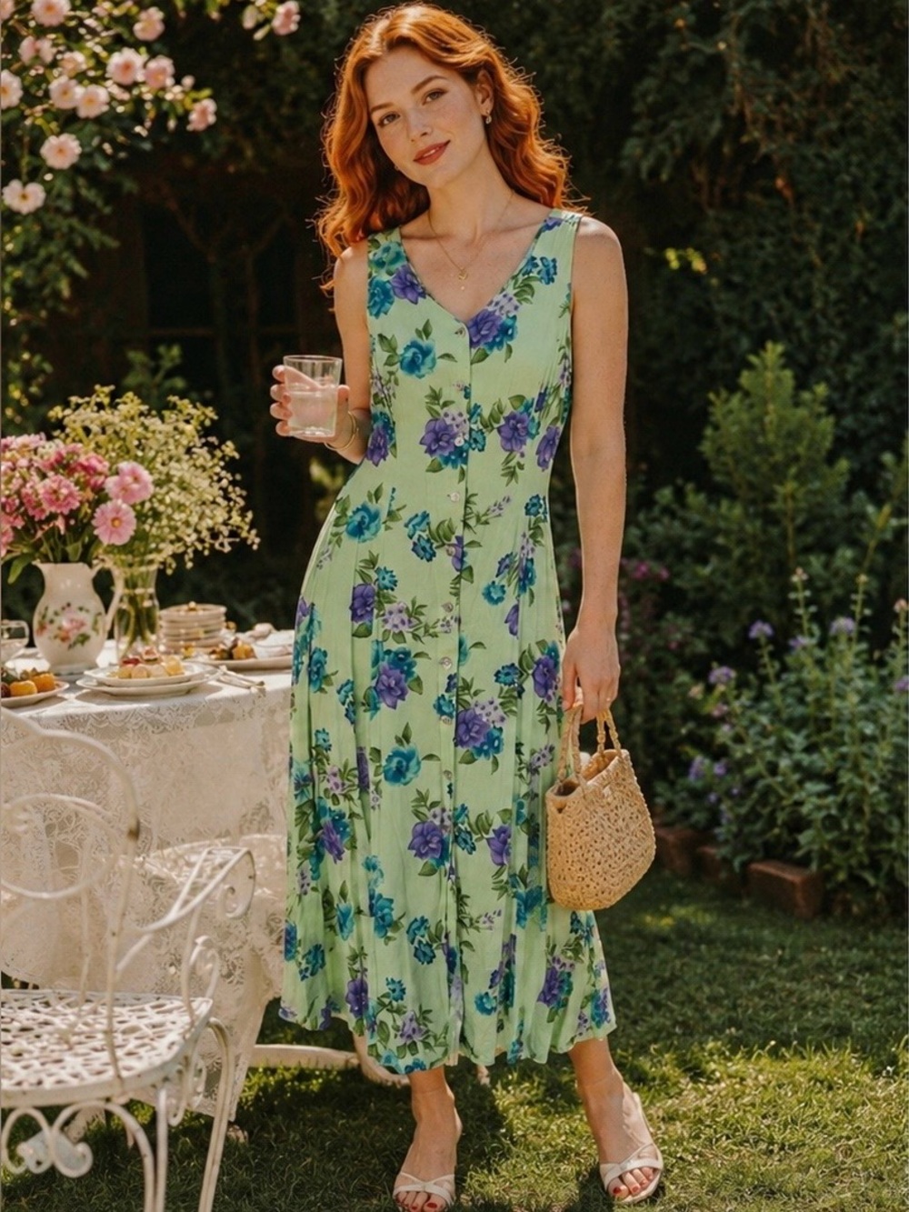 BFA Classics Vintage 90s Floral Tank Maxi Dress Pale Green Purple & Blue Flowers